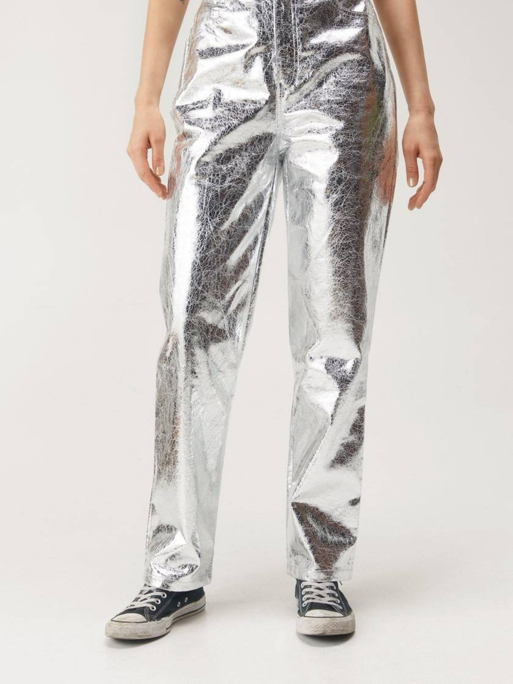 Nasty Gal Metallic Silver Faux Leather Crackle Pants